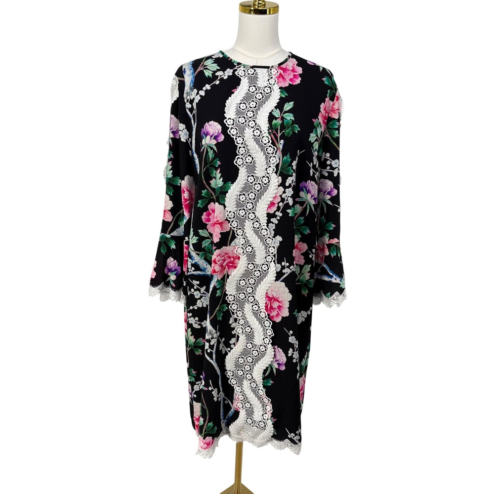 Andrew Gn Paris Floral Lace Midi Dress FR 44‎ Black Pink Peony Long Bell Sleeve